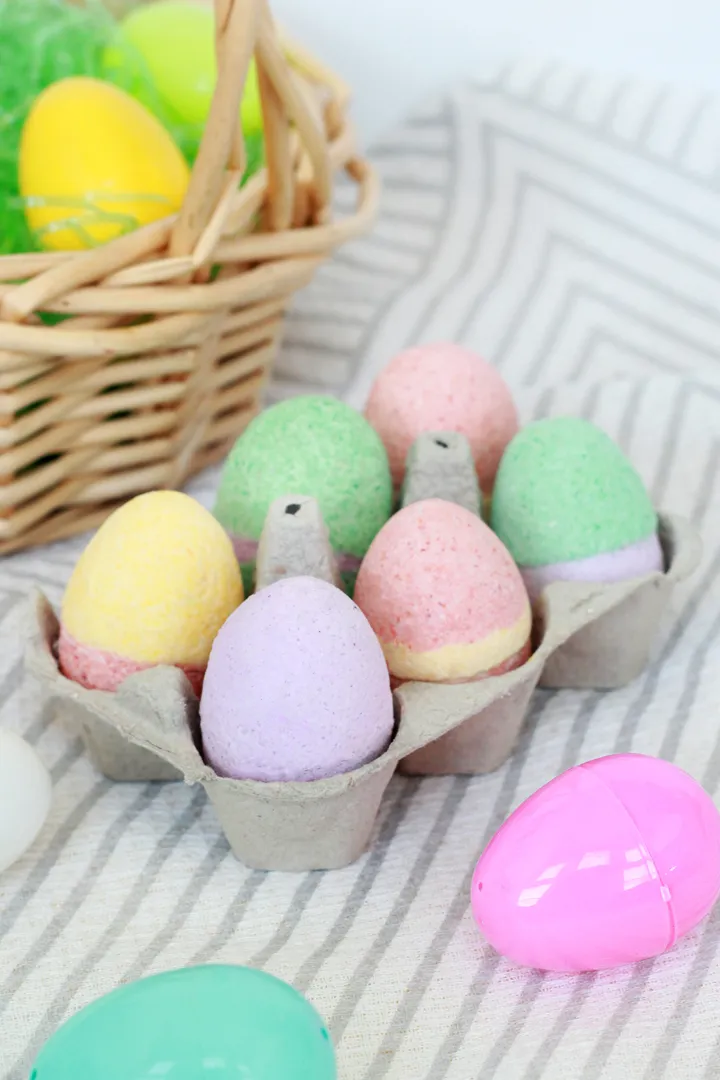 Colorful Easter Egg Bath Bombs displayed in a basket