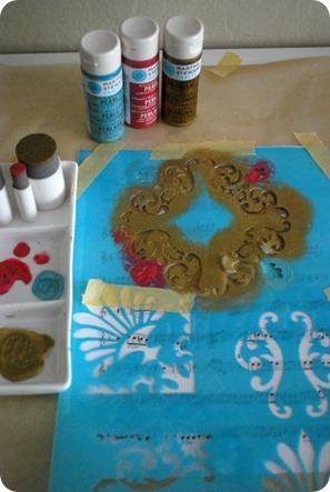 Stenciling sheet music with gold paint