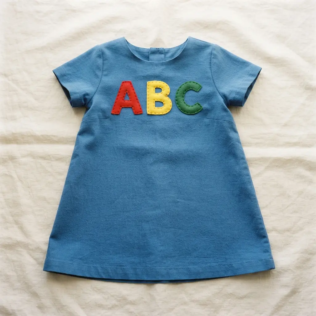 A child's dress in solid blue with red, yellow, and green felt letters A, B, and C appliqued onto the bodice.