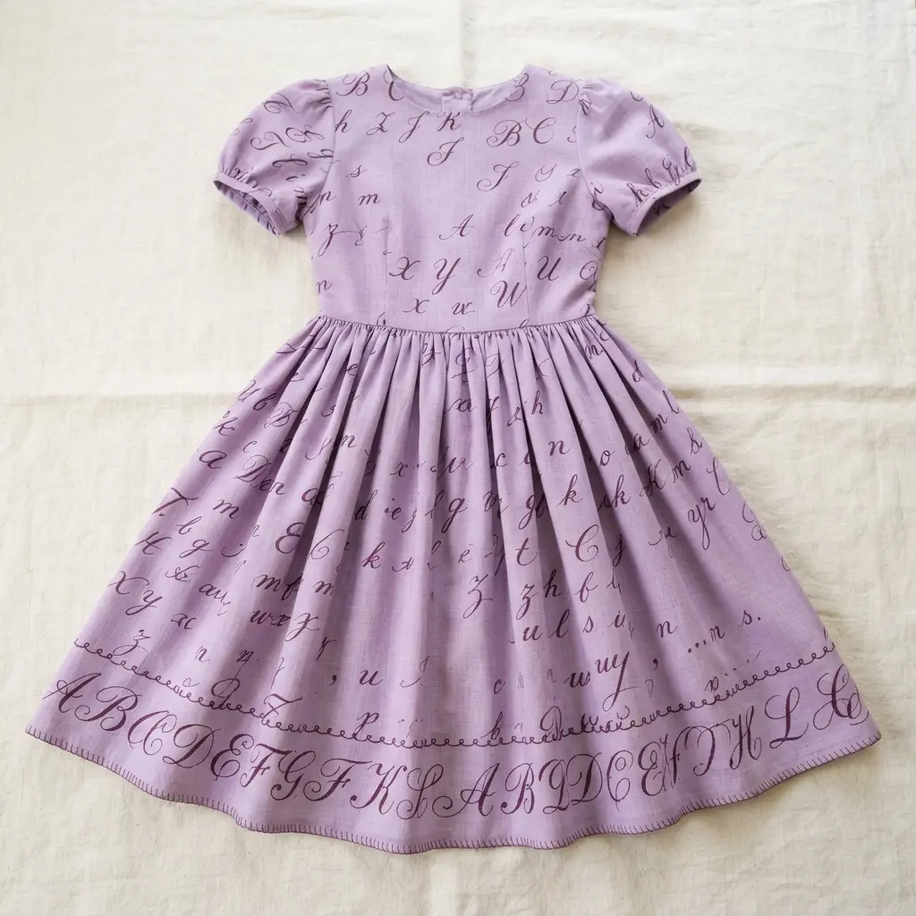 A lavender dress with a full skirt, made from fabric featuring a swirling, cursive alphabet border along the selvedge used as the hem.