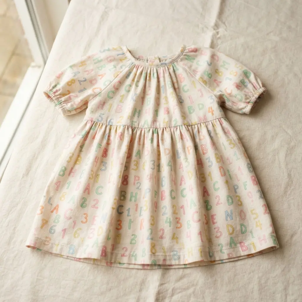 A loose-fitting smock dress for a girl, sewn from a colorful fabric covered in scattered letters and numbers.