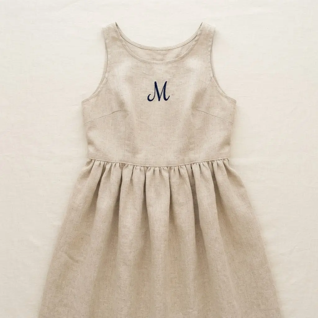 A natural linen dress with a delicate, satin-stitch embroidered letter M on the center of the bodice.
