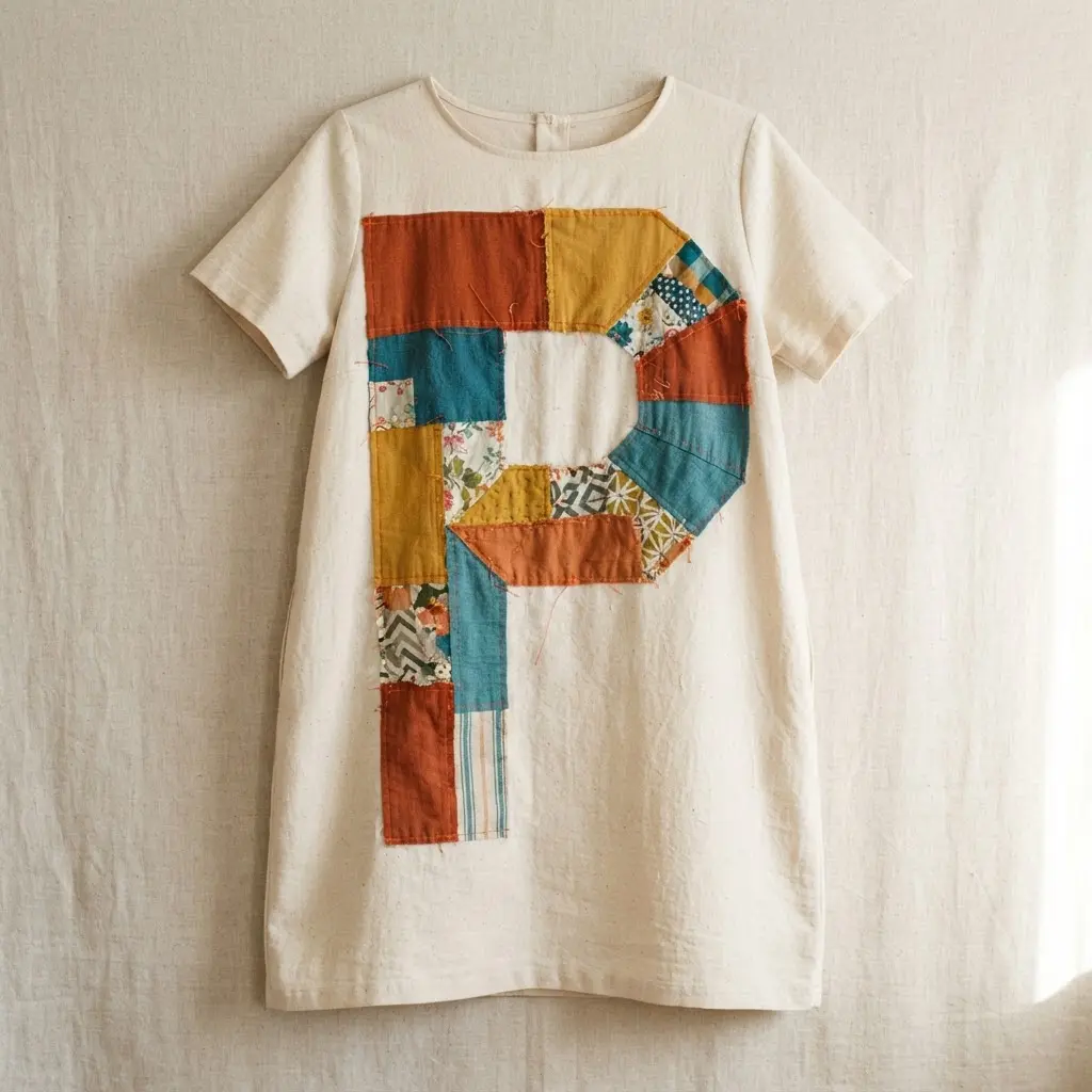 A knee-length tunic dress where the entire front is a giant, pieced-together letter P made from various coordinating fabrics.