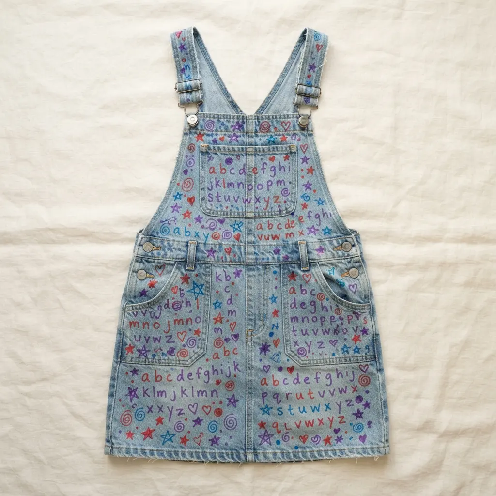 A light-wash denim pinafore dress covered in hand-drawn stars, hearts, and the child's name in rainbow fabric marker.