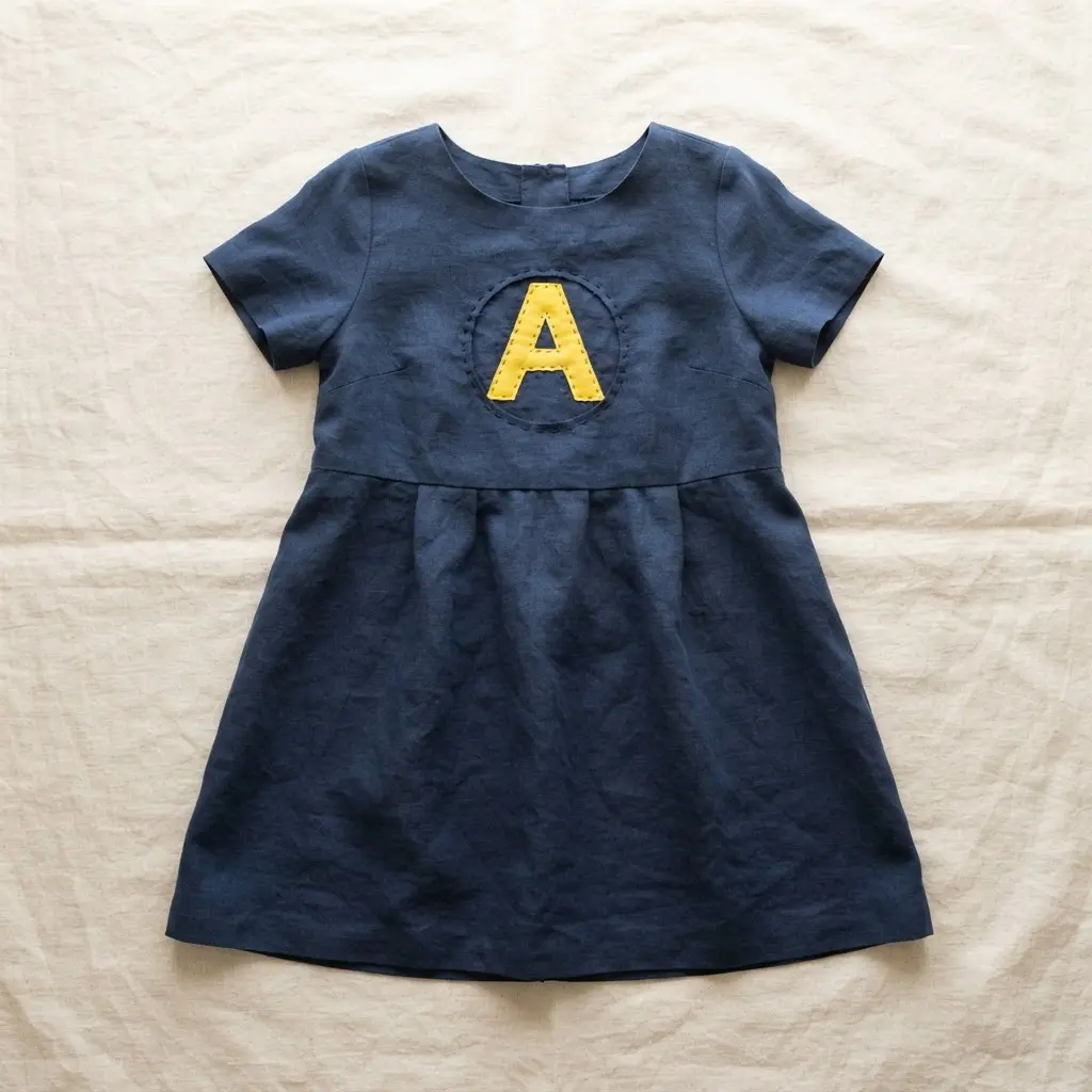 A navy blue dress with a window cut into the front, revealing a bright yellow fabric behind it in the shape of the letter A.