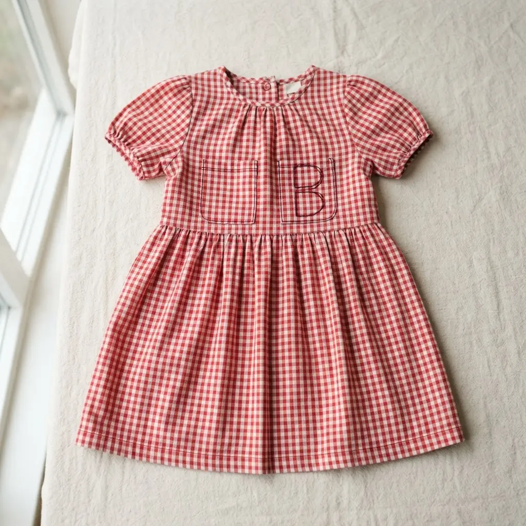 A red and white gingham dress with two front patch pockets stitched together with topstitching to create the letter B.