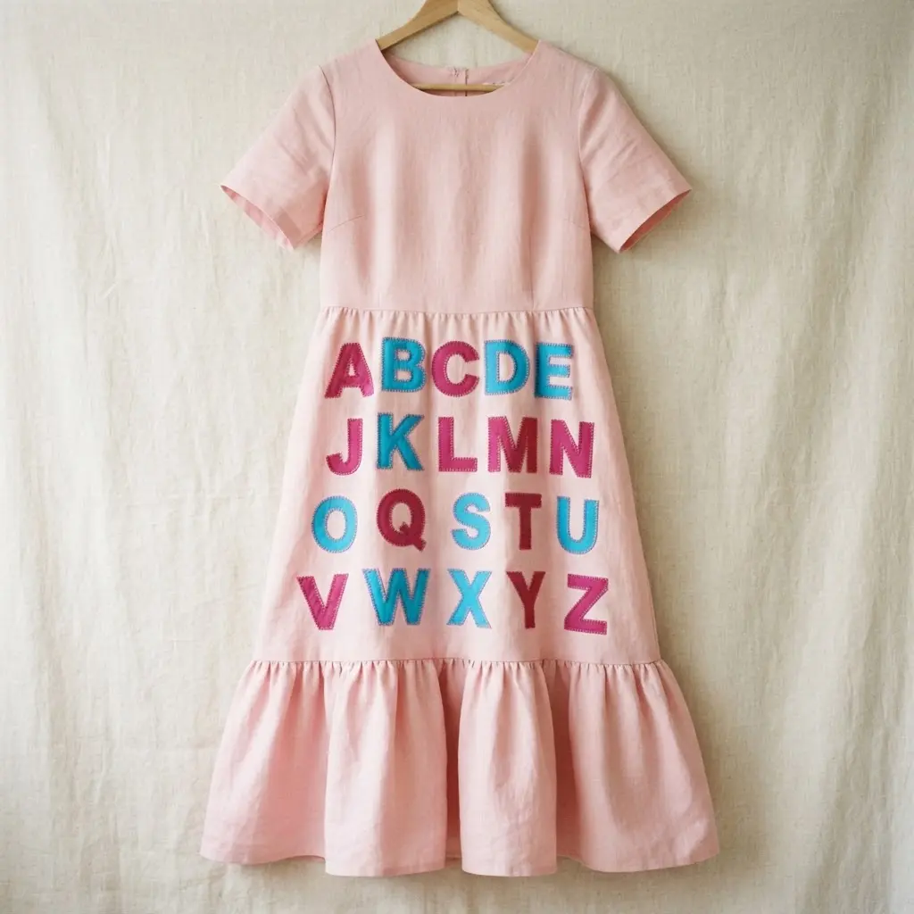 A pink dress with a wide, tiered ruffle at the hem and colorful fabric letters ascending up the skirt front.