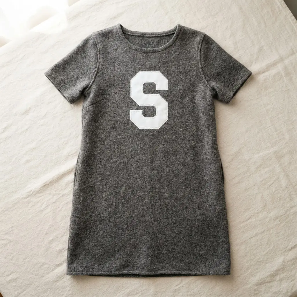A simple gray shift dress with a large, stark white block letter S centered on the bodice.