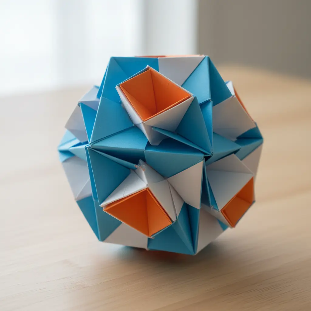 A colorful, multi-faceted polyhedron sculpture assembled from individual folded paper units.