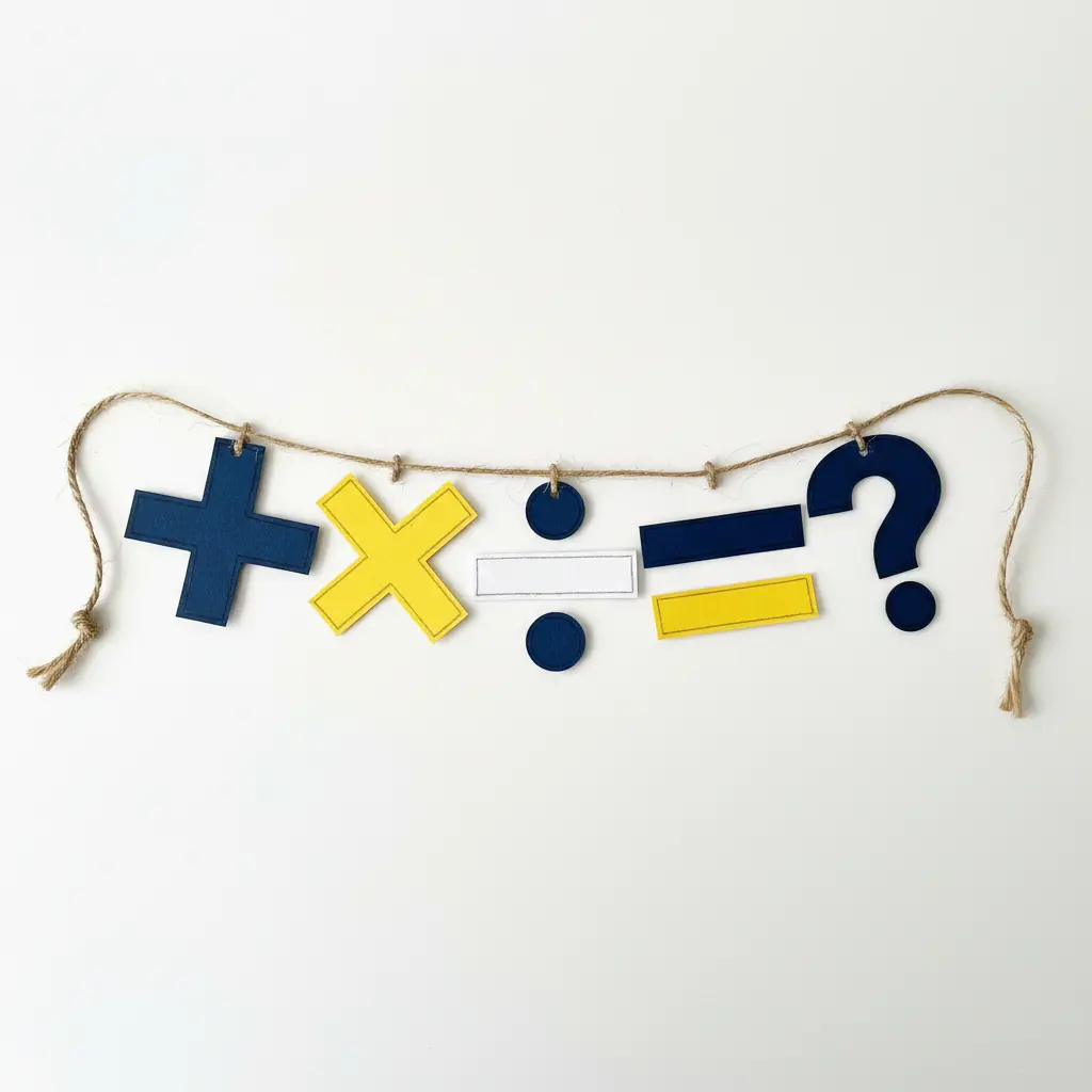 A long paper banner strung with large, colorful cutouts of pi, plus, minus, and equals symbols.