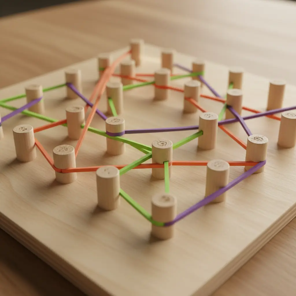 A wooden geoboard with a grid of pegs holding stretched rubber bands forming polygons and patterns.
