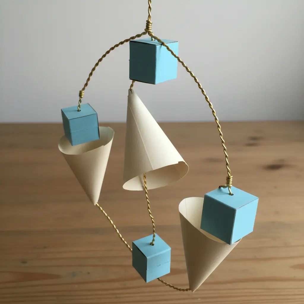 A balanced mobile hanging from the ceiling with painted paper cones, spheres, and cubes at different levels.