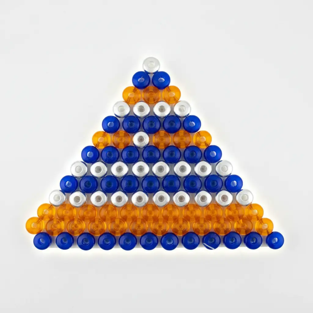 A triangular grid of colored beads on a pegboard, arranged to show the numerical pattern of Pascal's Triangle.