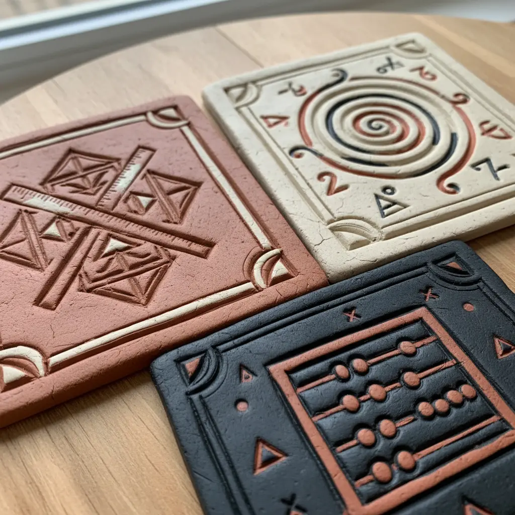 Several air-dry clay tiles with geometric patterns pressed into their surface using handmade stamps.