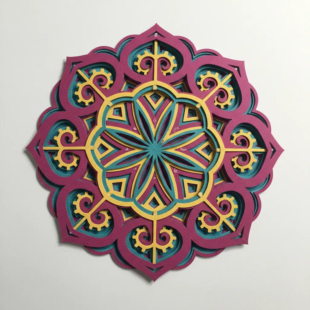 A vibrant, circular paper mandala with repeating geometric patterns arranged around a central point.
