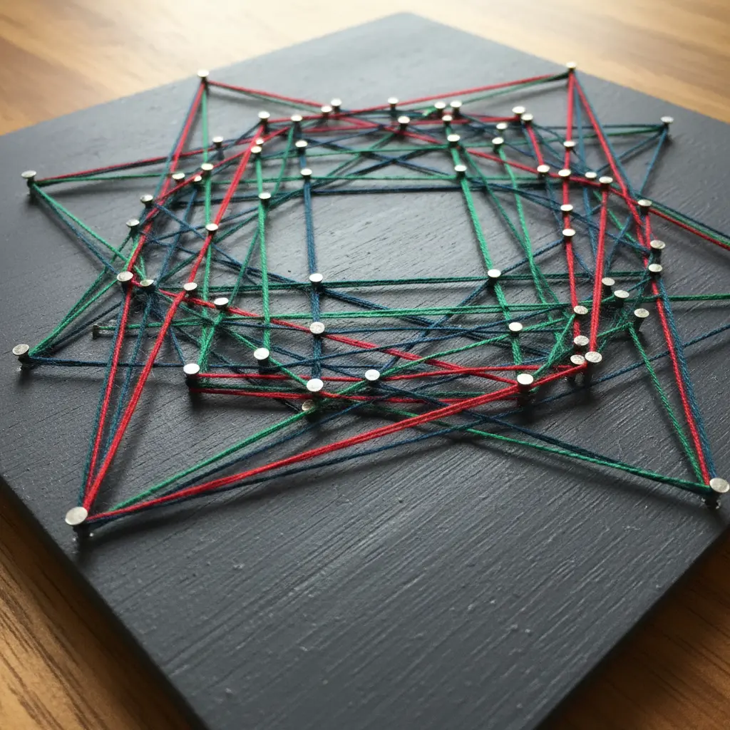 Colored string woven between nails to create a crisp geometric shape on a painted wooden background.