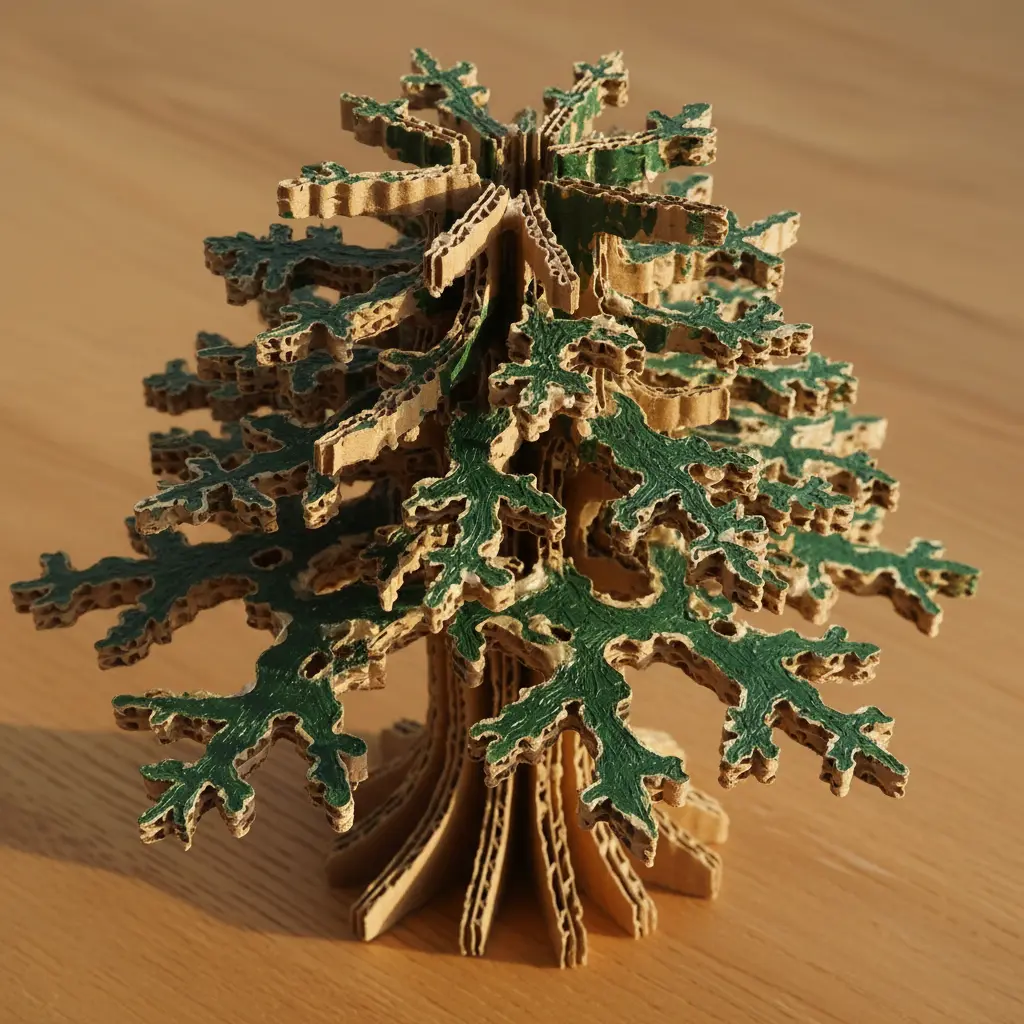 A layered cardboard sculpture showing a tree with repeating, self-similar branch patterns.
