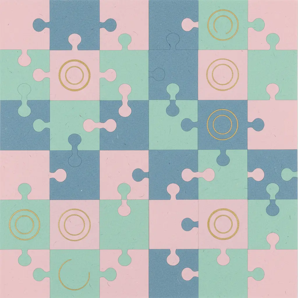 A mosaic of interlocking construction paper shapes covering a wall with no gaps or overlaps.