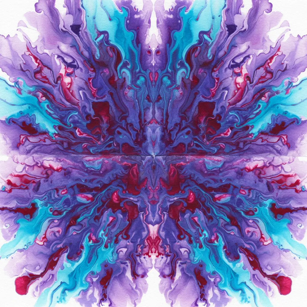 A vibrant, symmetrical abstract painting made by folding wet ink between two halves of paper.