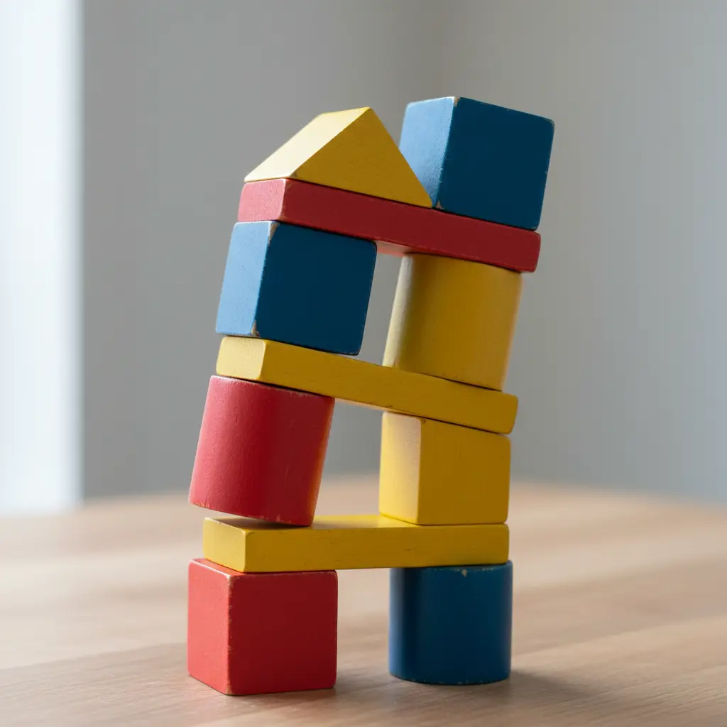 A carefully balanced tower constructed from painted wooden cubes, prisms, and cylinders.