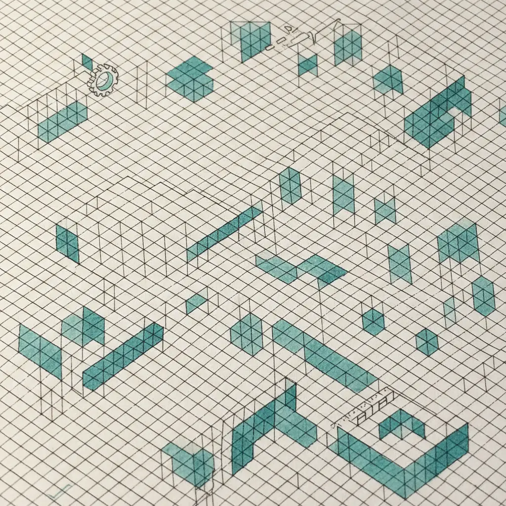 A poster featuring complex 3D geometric shapes drawn with precision on isometric dot paper.