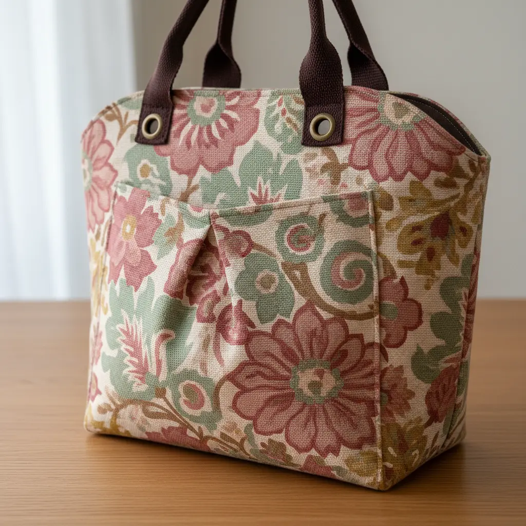 Tote bag with rounded top, floral print canvas body, deep pleated pocket, and dark brown webbing handles.