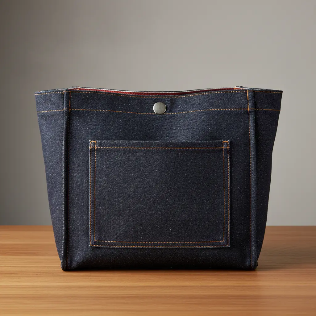 Structured navy denim bag with contrasting orange topstitching, slip pockets, and silver magnetic snap.