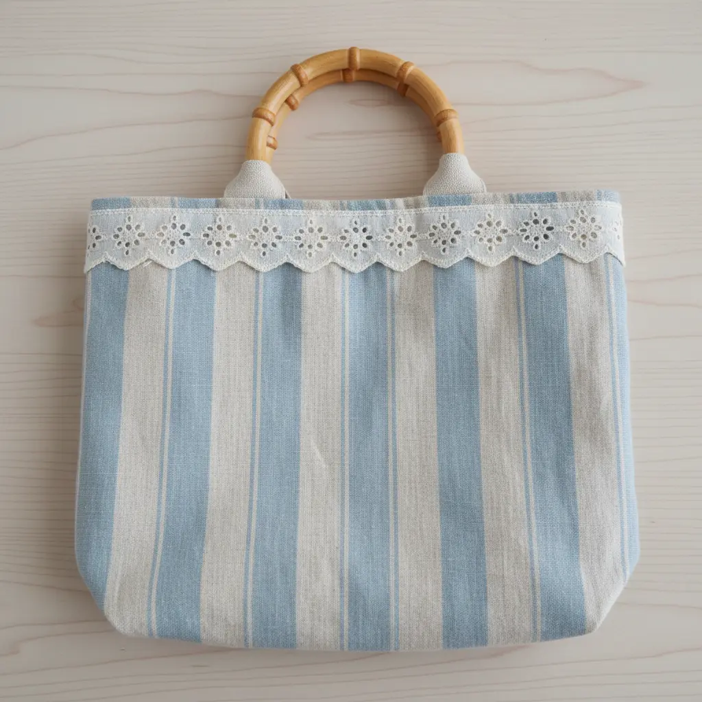 Soft pastel striped linen bag with white eyelet trim, wooden handles, and delicate floral embroidery.