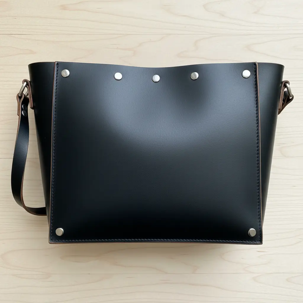 Slim black leather bag with minimal seams, silver rivets, and a crossbody strap attachment.