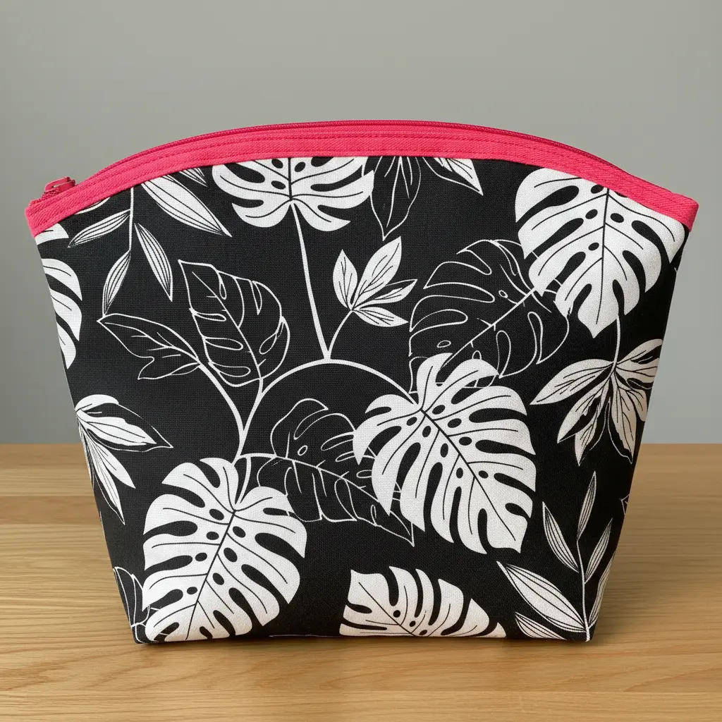 Black and white large-scale leaf print bag with neon pink contrast binding and zipper.