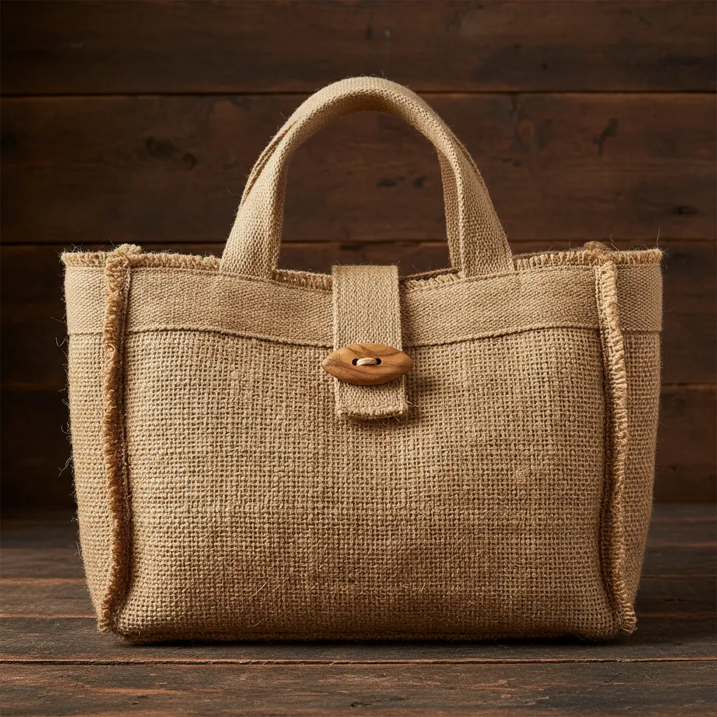 Natural burlap bag with frayed edges, twill tape trim, and wooden button closure.