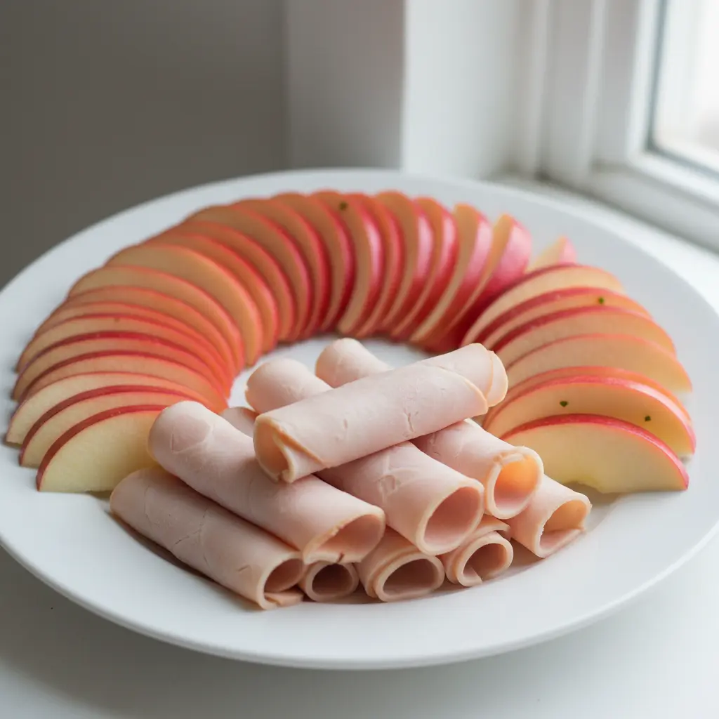 A top-down view of red apple slices fanned out behind rolled turkey slices to create a simple turkey platter.