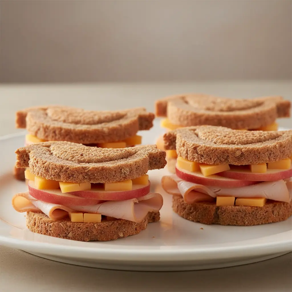 A close-up of a layered sandwich stack cut with a turkey-shaped cookie cutter, showing apple, cheese, and turkey layers.