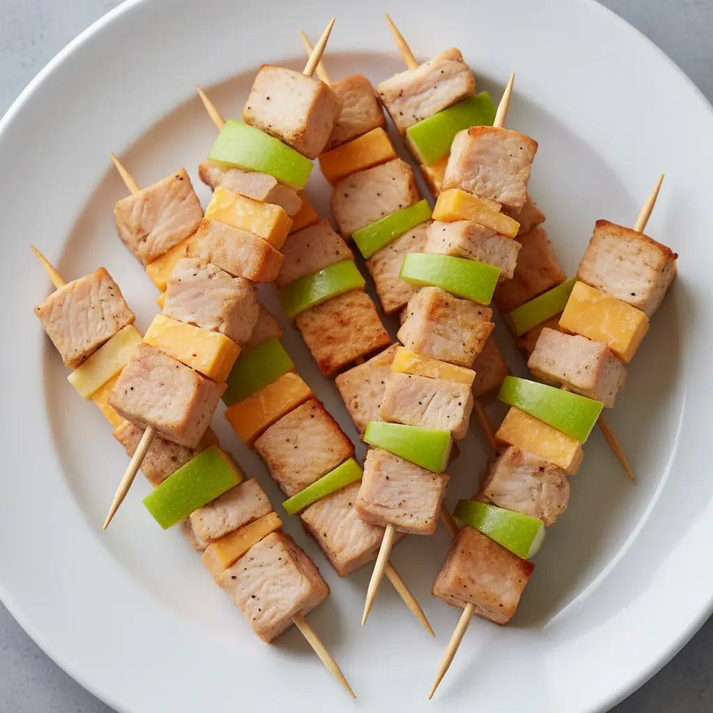 A 45-degree angle shot of wooden skewers holding apple, grape, and cheese pieces arranged to form turkey shapes.