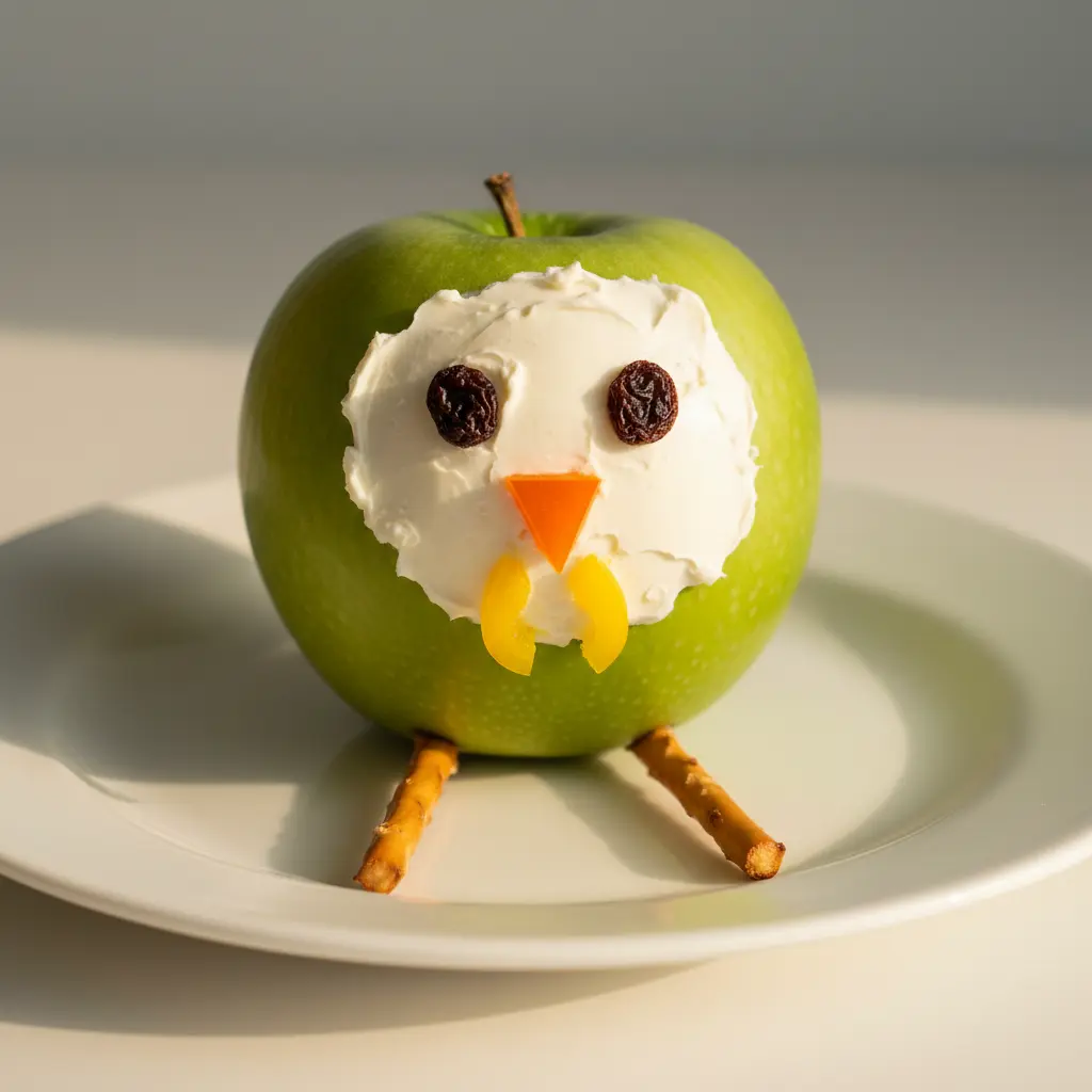 A whole green apple with a cream cheese face, raisin eyes, and pretzel sticks for legs on a white plate.