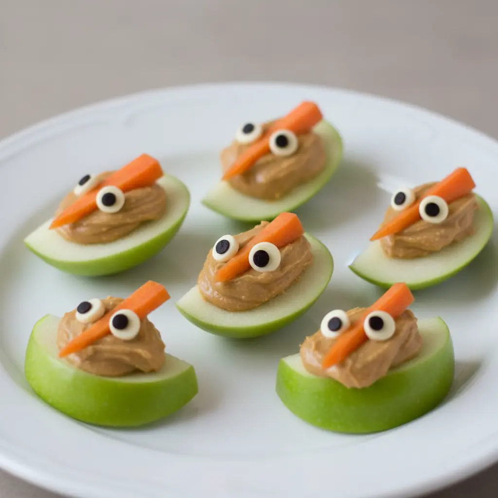 A close-up of bite-sized apple pieces with sunflower seed butter holding carrot slivers and raisin features to make mini turkey faces.