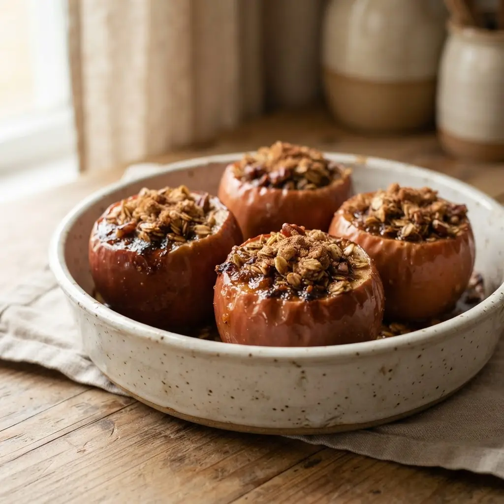 A whole baked apple sits in a ceramic dish, its top filled with a bubbling cinnamon oat stuffing and a cinnamon stick.