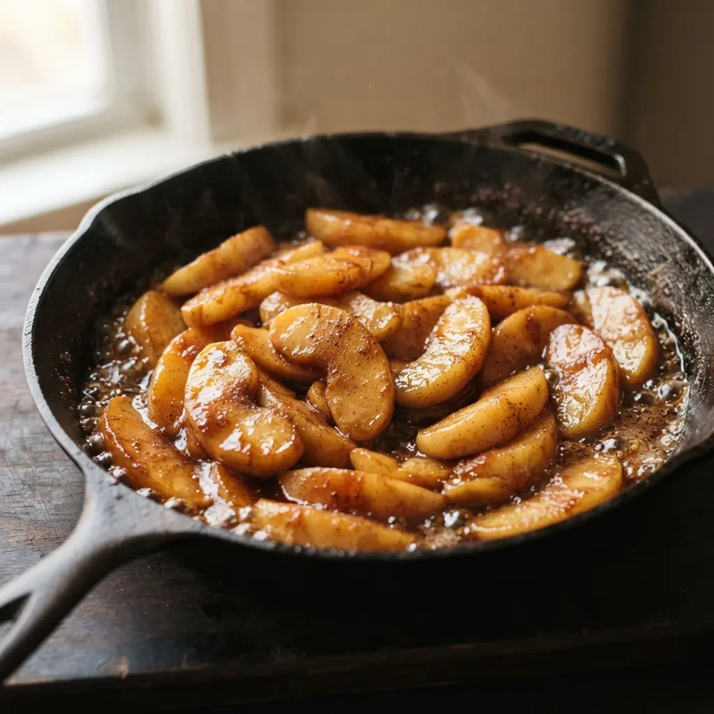 Caramelized cinnamon-spiced apple slices bake in a cast iron skillet, glistening with butter and brown sugar.