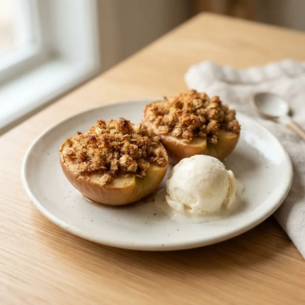 Two baked apple halves in a dish, topped with a golden brown oat crumble and a scoop of vanilla ice cream.