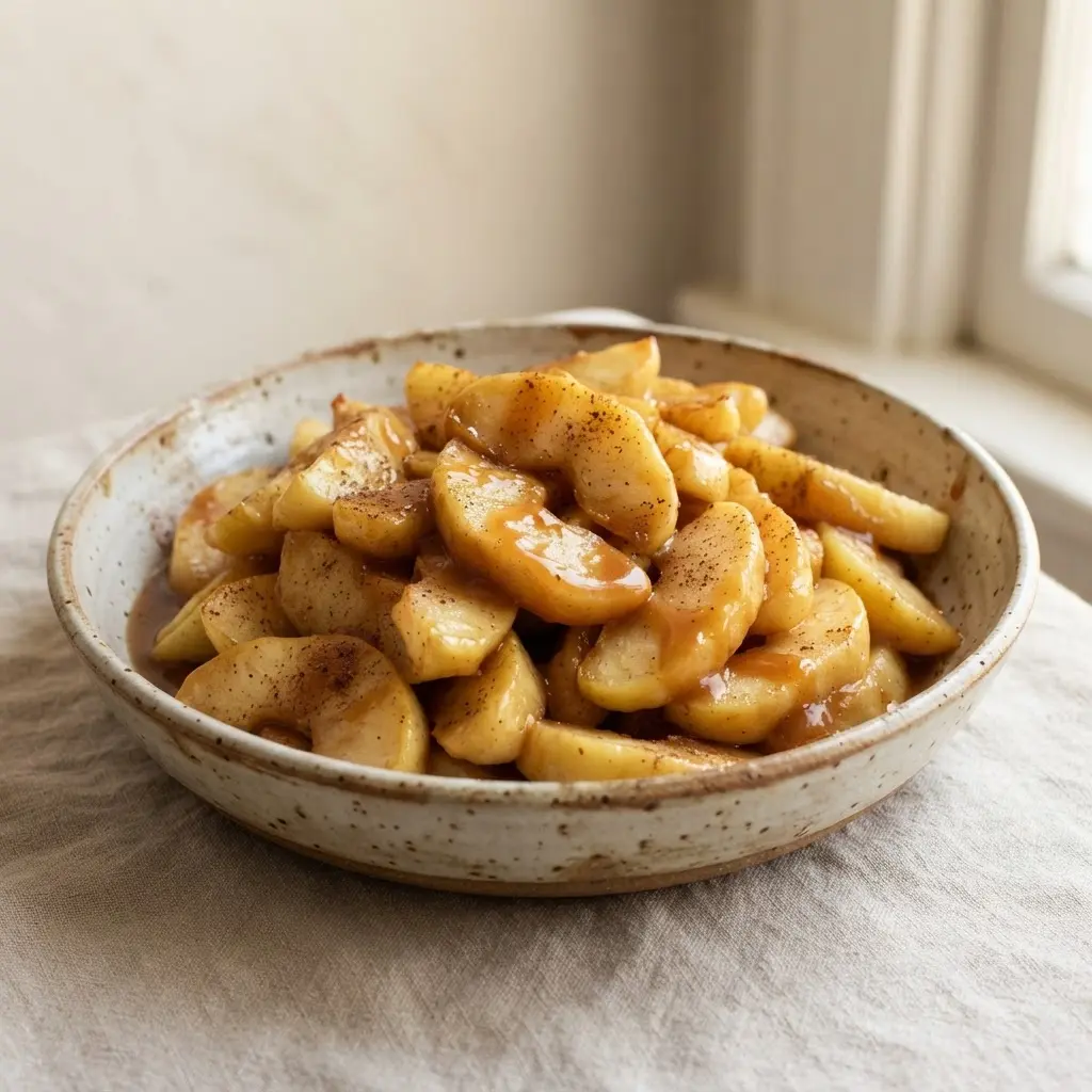 A bowl of soft baked apple wedges coated in cinnamon, with a generous drizzle of rich caramel sauce.
