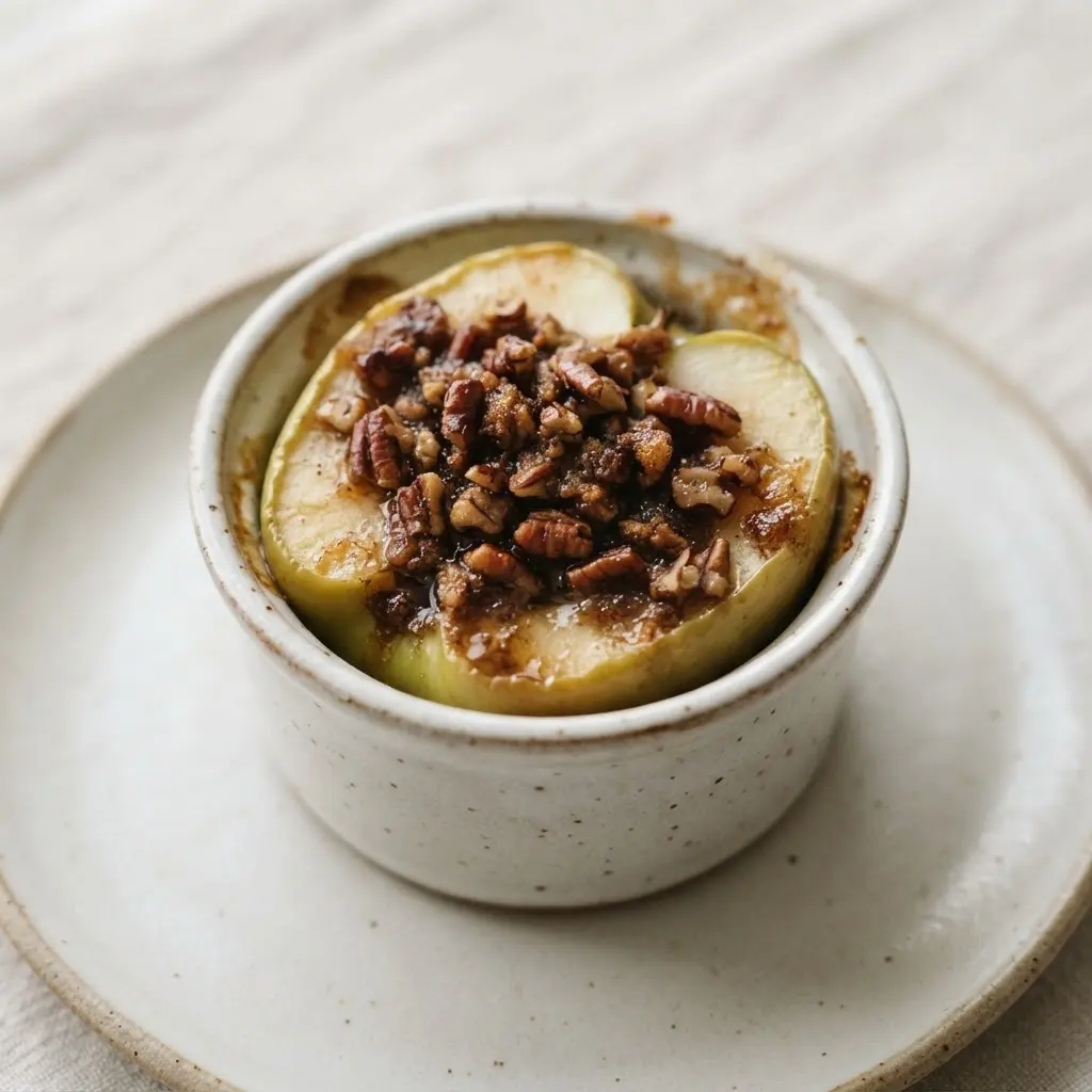 An apple half baked in a ramekin, its center stuffed with a mixture of chopped pecans, spices, and butter.