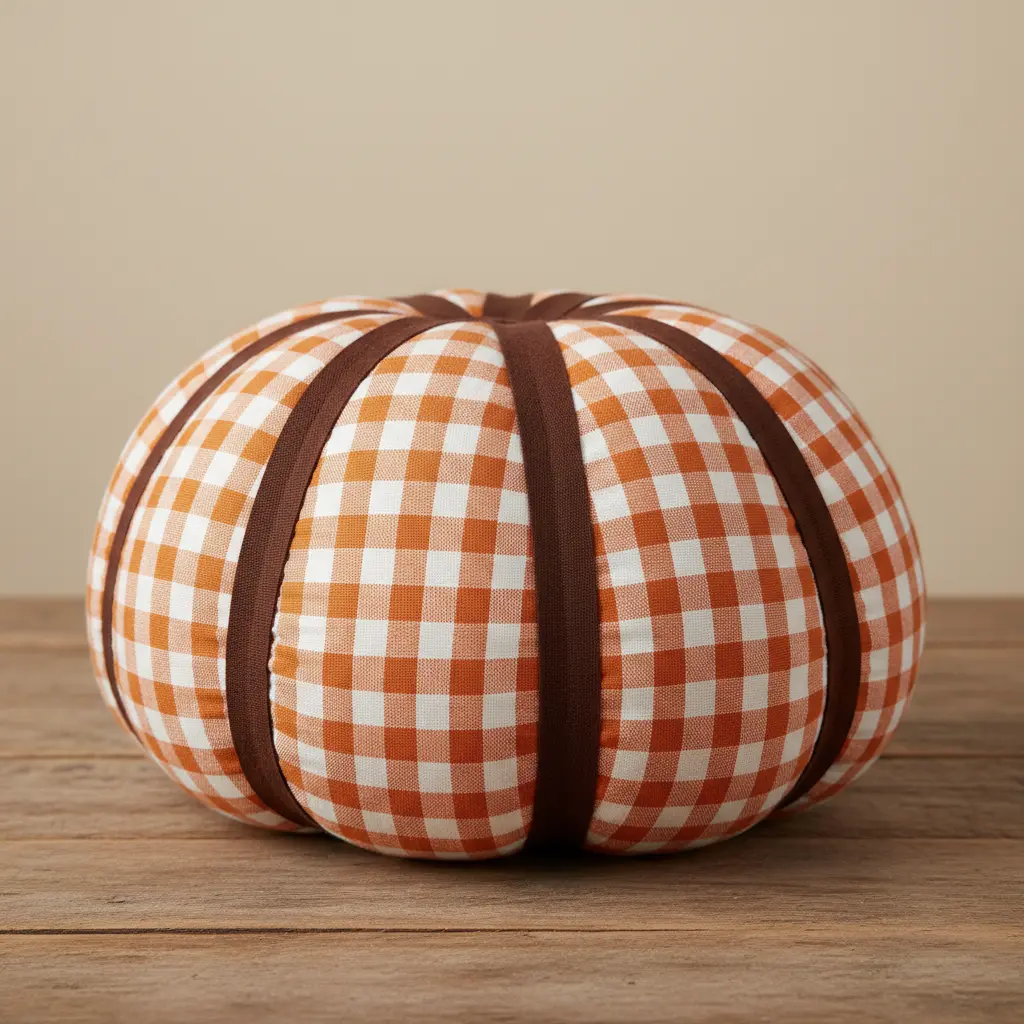 A square pillow with a pumpkin shape defined by brown bias tape ribs on an orange and white gingham background fabric.