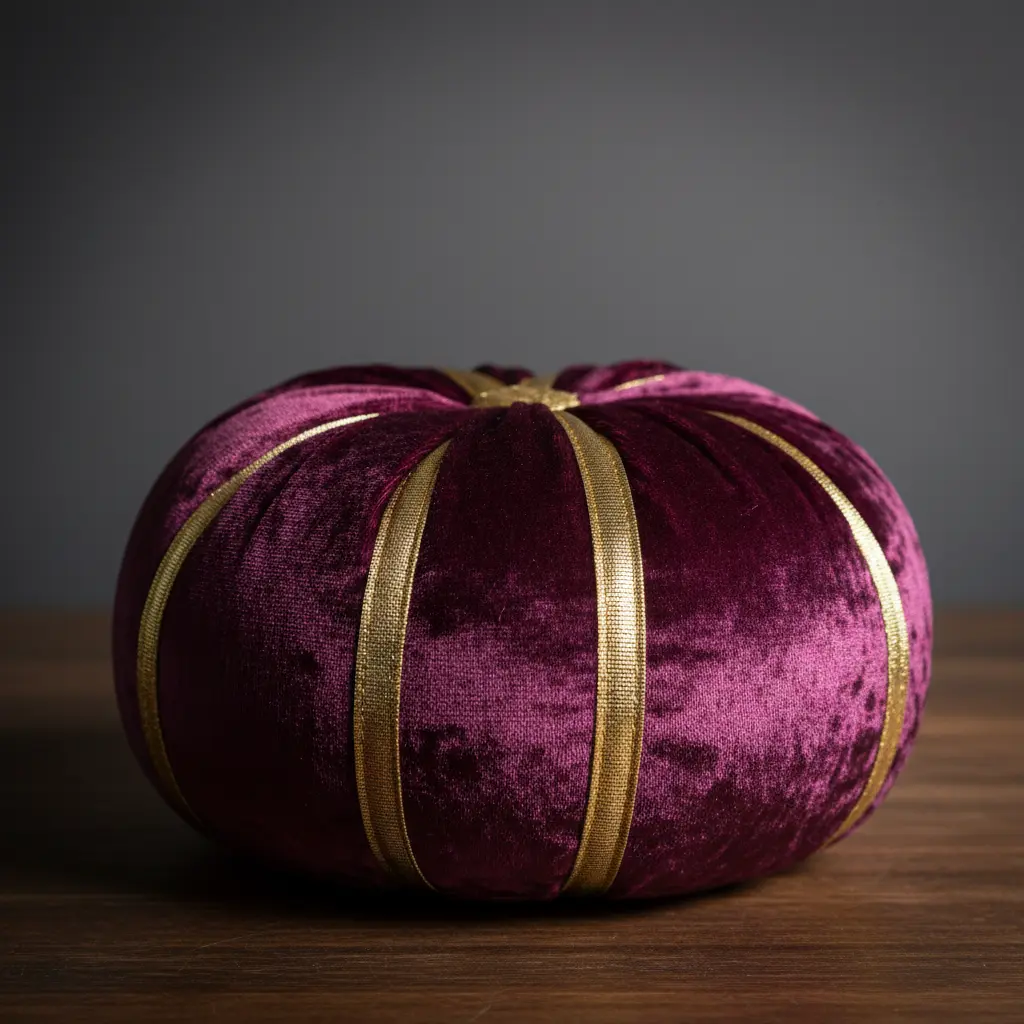 A deep plum velvet pillow where the pumpkin ribs are stitched with a narrow, gold metallic bias tape that catches the light.