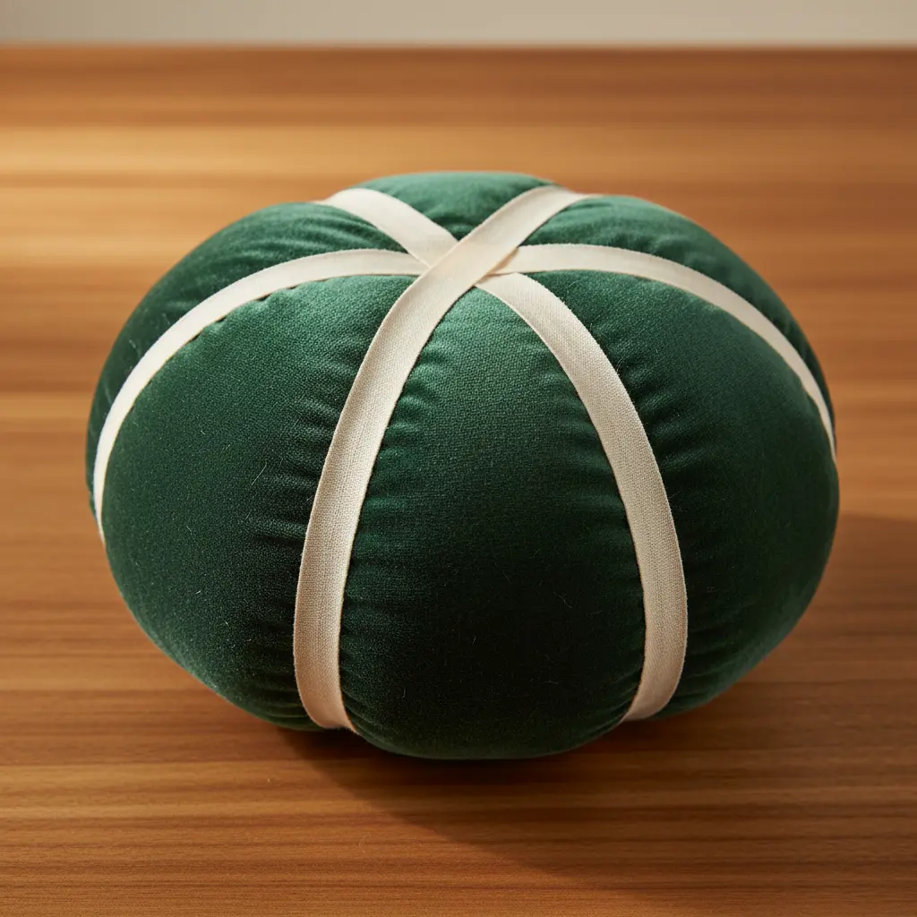 A deep green velvet pillow with a simple pumpkin outline stitched in clean, off-white double-fold bias tape.