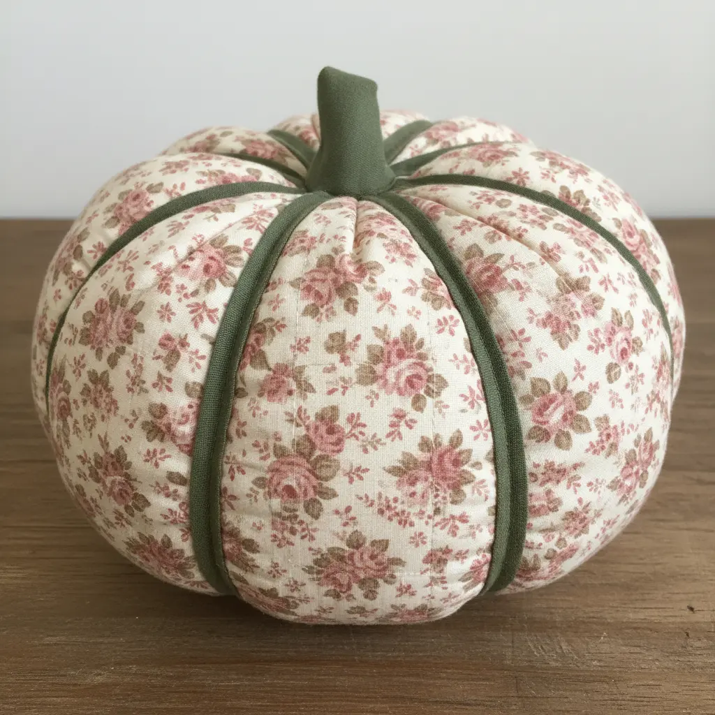 A pumpkin shape created with moss green bias tape on a background of small, vintage-style pink and cream floral quilting cotton.
