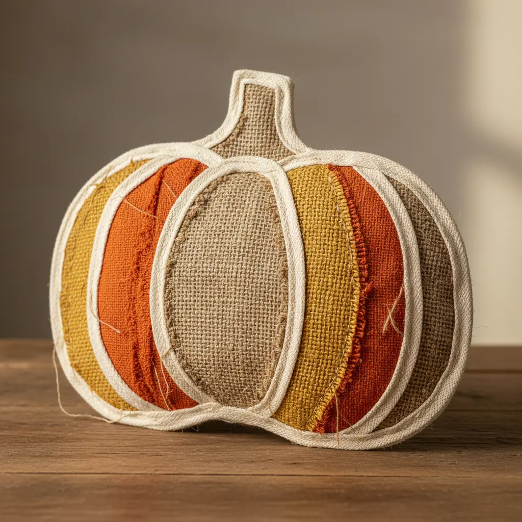 A textured pillow with a burlap front, featuring a pumpkin applique made from patched-together orange fabric scraps outlined with jute bias tape.