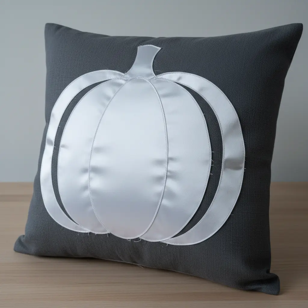 A charcoal gray linen pillow with a plump pumpkin shape defined by wide, cream-colored satin ribbon stitched in precise, even stripes.