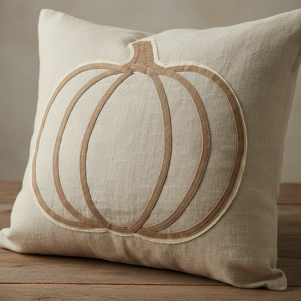 A beige, washed-linen pillow featuring a pumpkin outline stitched in taupe bias tape, creating a soft, monochromatic look.