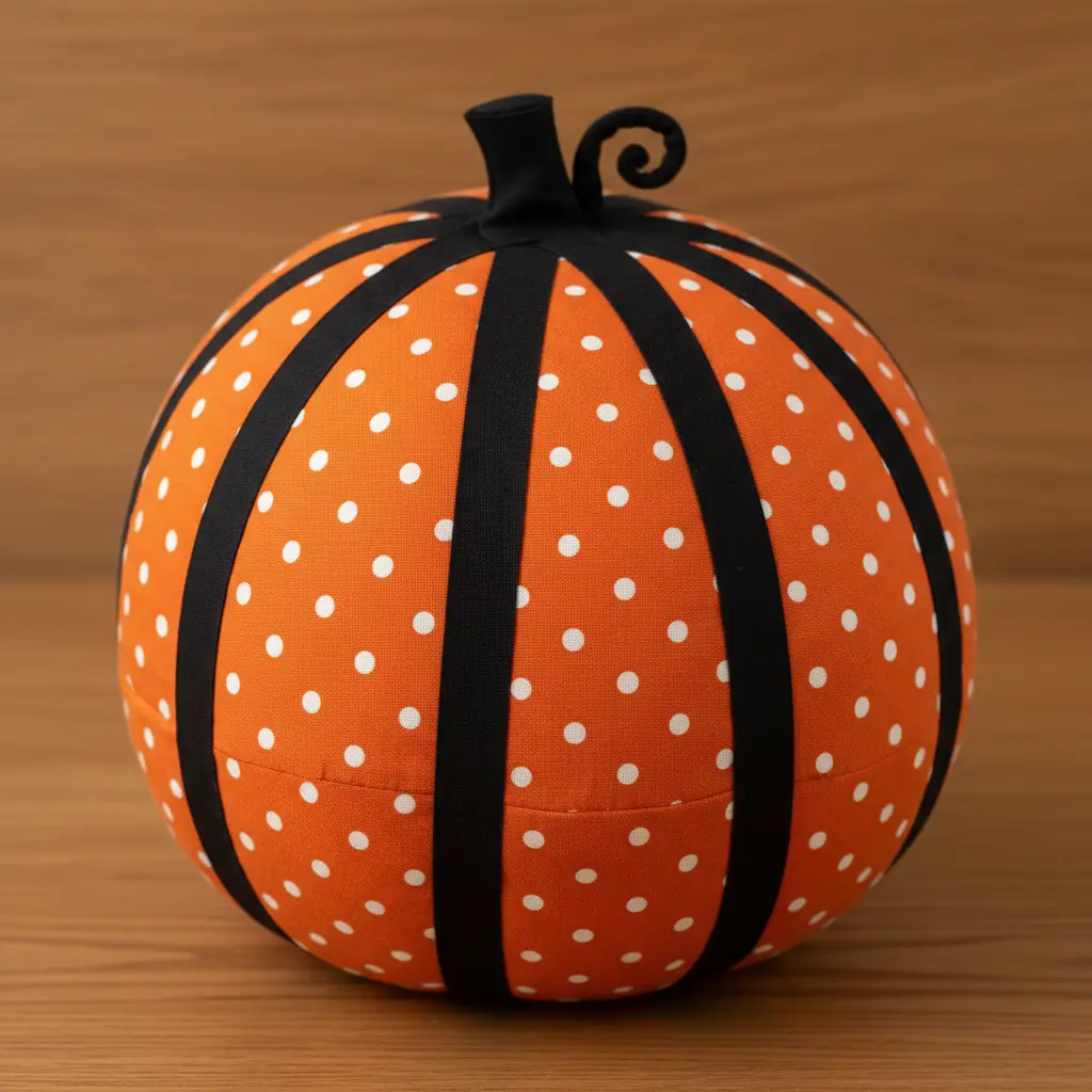 A bright orange pillow with small black polka dots, showcasing a pumpkin shape outlined with wide black bias tape for a playful Halloween feel.