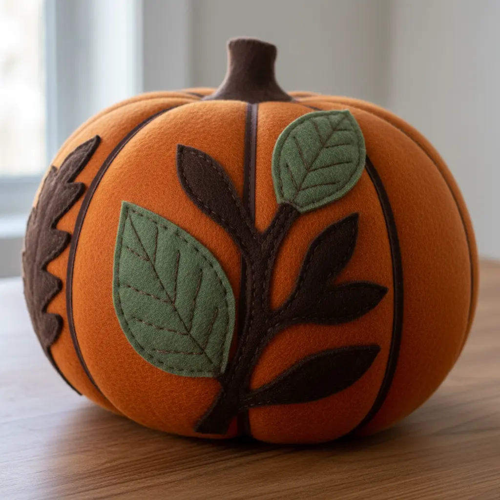 A burnt orange pillow where the pumpkin ribs are made from dark brown bias tape, topped with felt applique leaves and a twisted stem.